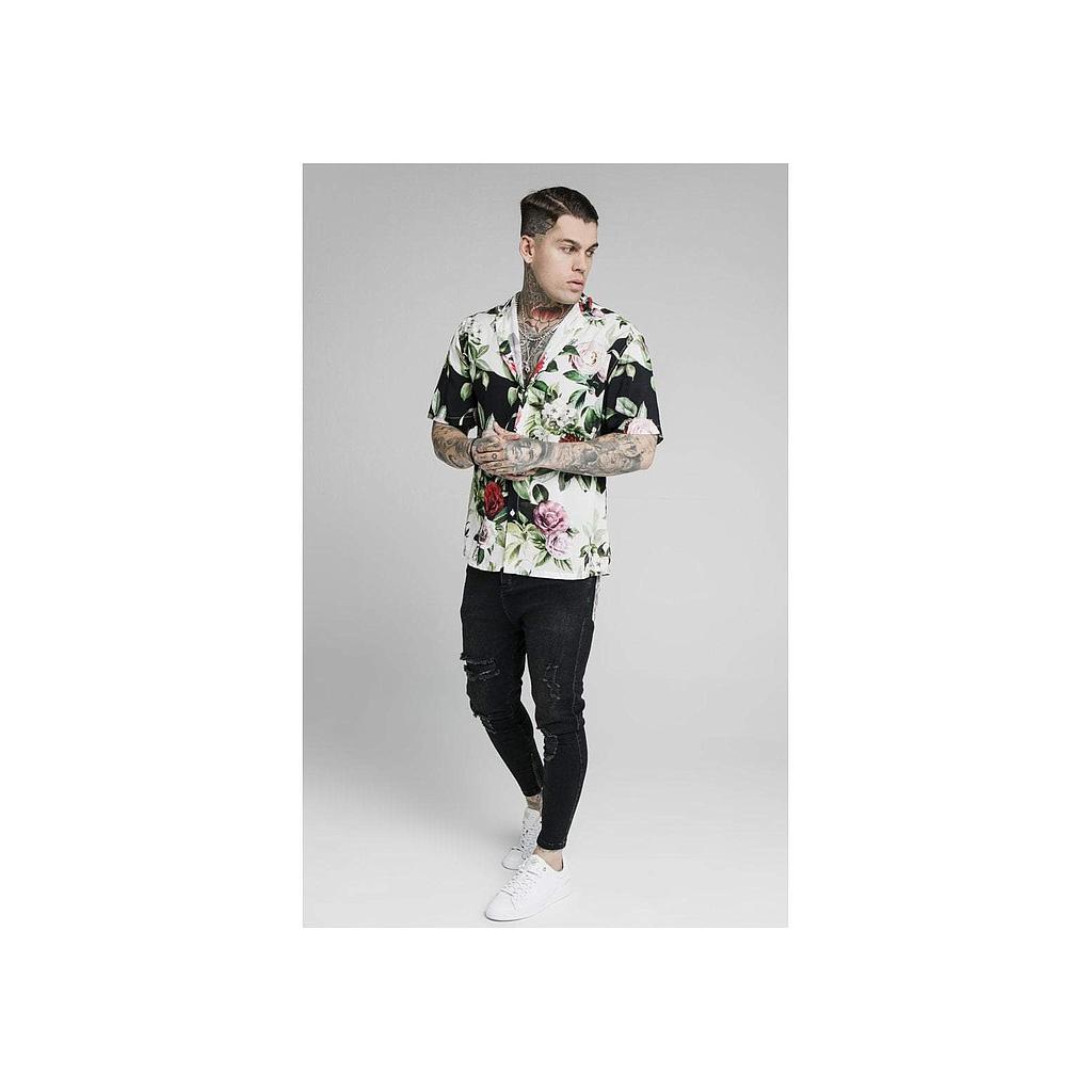 SikSilk Floral Pixel High Collar Resort Shirt - Black & Floral Pixel