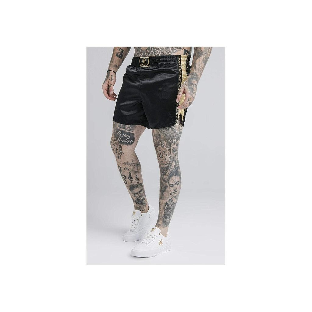 SikSilk Muay Tie Satin Shorts - Black & Gold