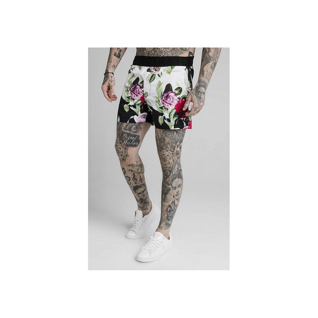 SikSilk Floral Pixel Swim Shorts - Black & Floral Pixel